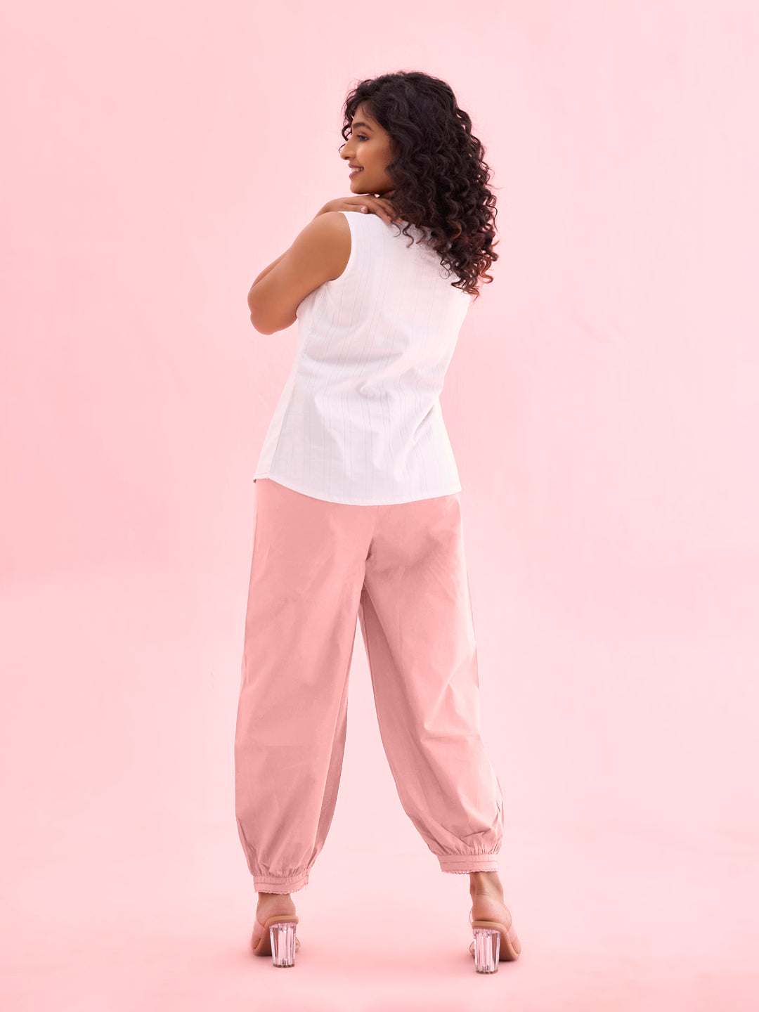 Women Solid Baby Pink Cotton Cropped Salwar