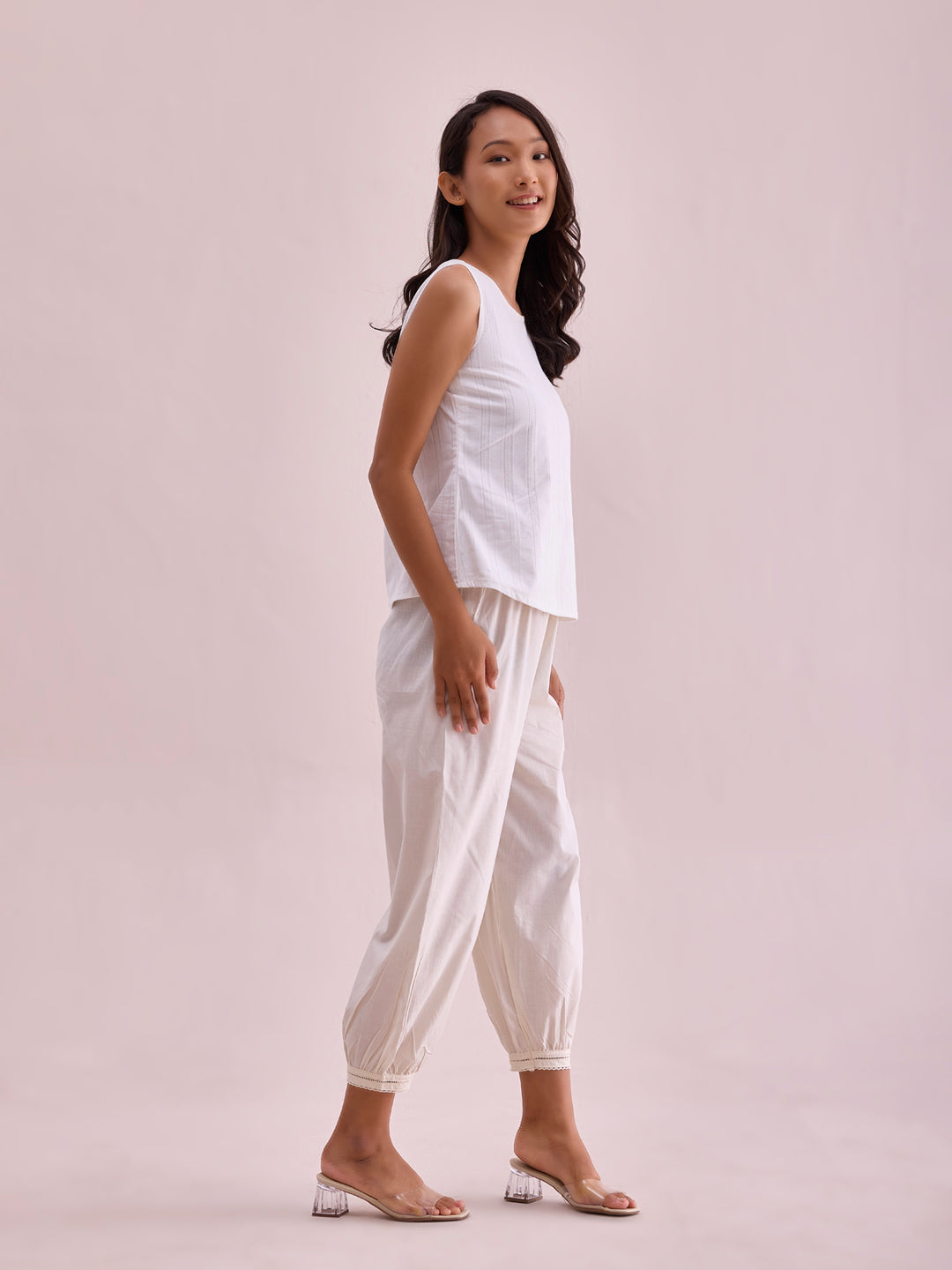 Women Solid Cream Cotton Cropped Salwar