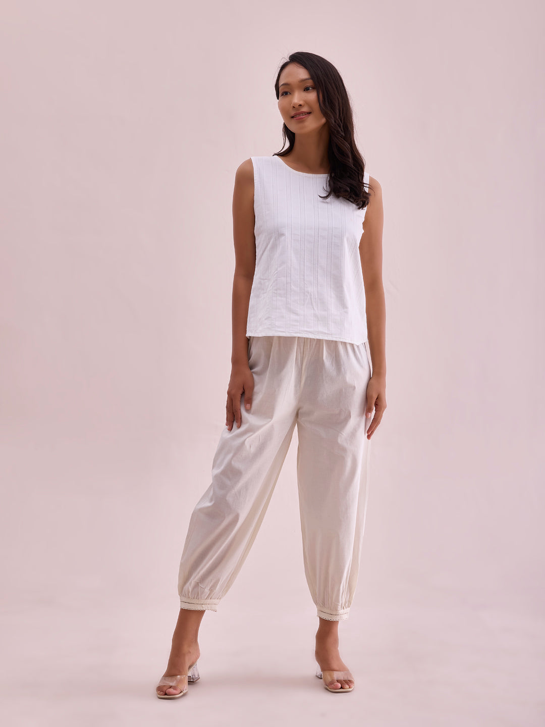 Women Solid Cream Cotton Cropped Salwar