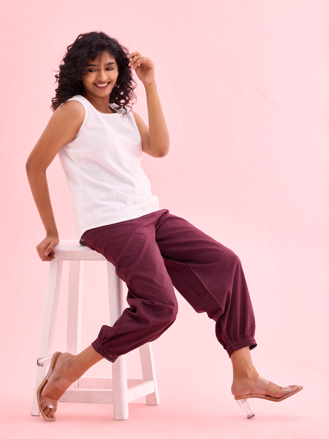 Women Solid Dark Wine Cotton Cropped Salwar