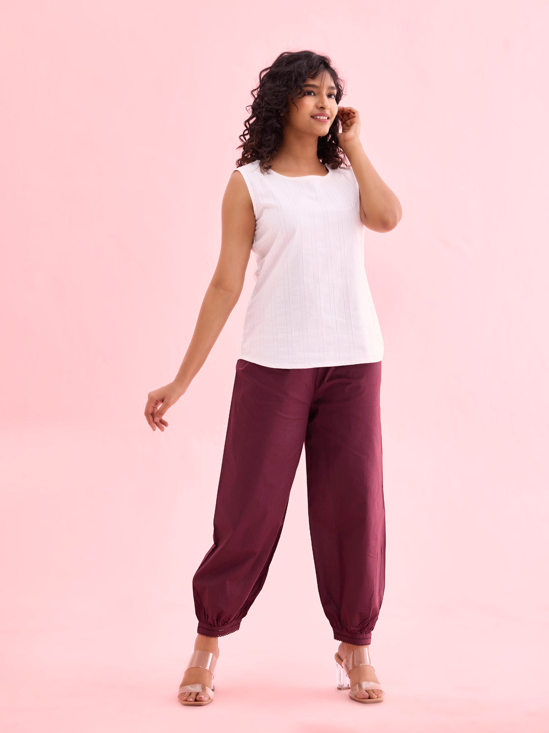 Women Solid Dark Wine Cotton Cropped Salwar