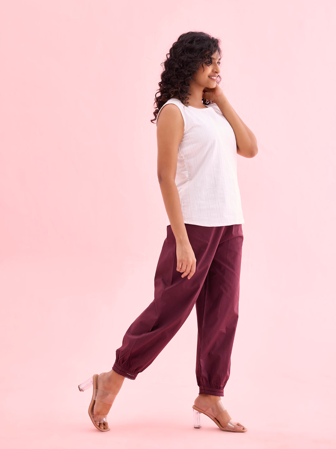 Women Solid Dark Wine Cotton Cropped Salwar