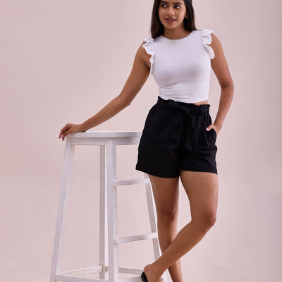 Women Solid Black High Rise Linen Shorts