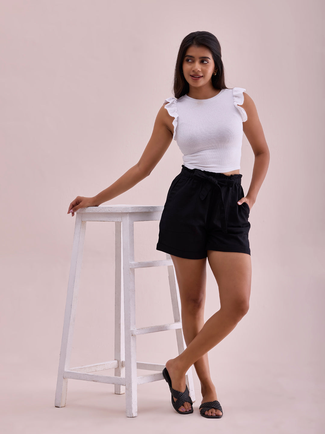 Women Solid Black High Rise Linen Shorts