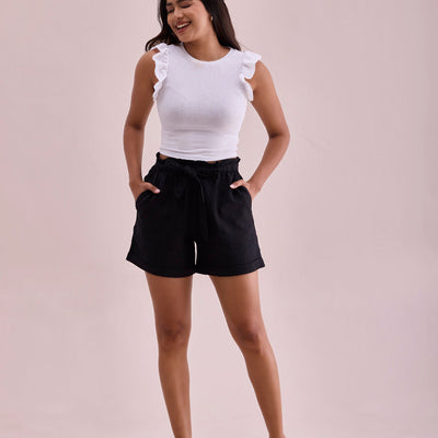 Women Solid Black High Rise Linen Shorts