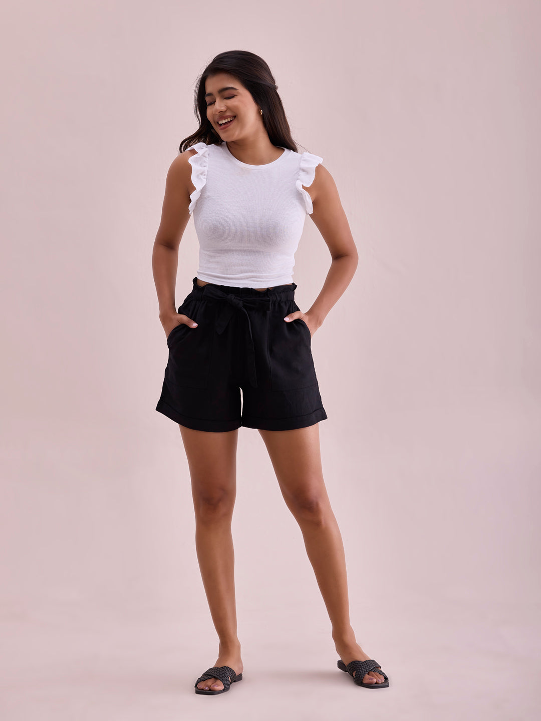 Women Solid Black High Rise Linen Shorts