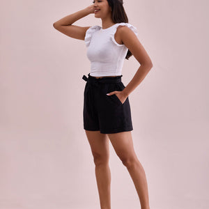 Women Solid Black High Rise Linen Shorts