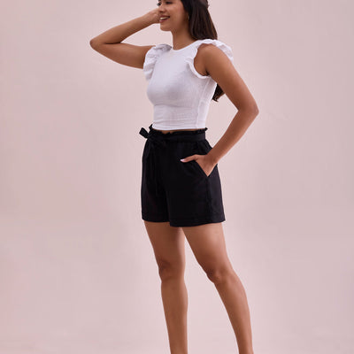 Women Solid Black High Rise Linen Shorts