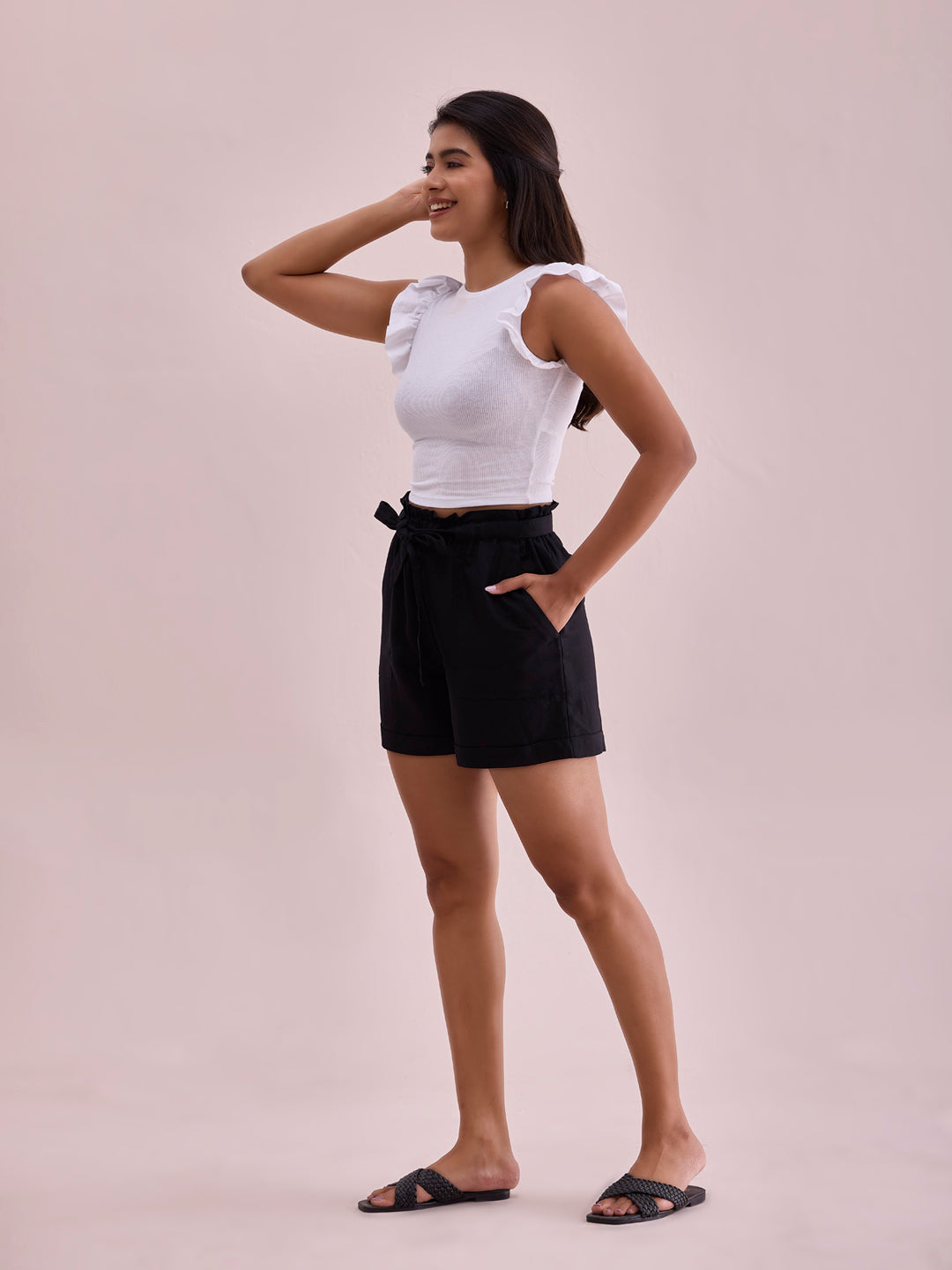 Women Solid Black High Rise Linen Shorts