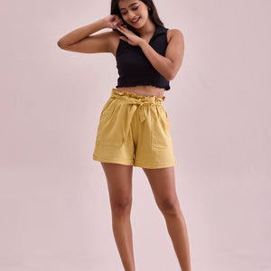 Women Solid Bright Yellow High Rise Linen Shorts
