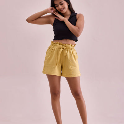 Women Solid Bright Yellow High Rise Linen Shorts