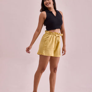 Women Solid Bright Yellow High Rise Linen Shorts