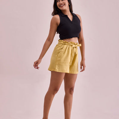Women Solid Bright Yellow High Rise Linen Shorts