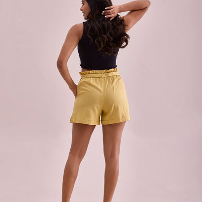 Women Solid Bright Yellow High Rise Linen Shorts