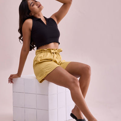 Women Solid Bright Yellow High Rise Linen Shorts