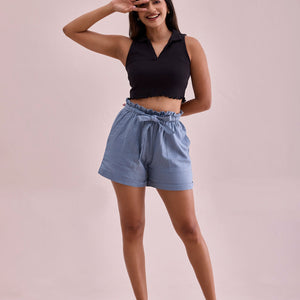 Women Solid Dusty Blue High Rise Linen Shorts