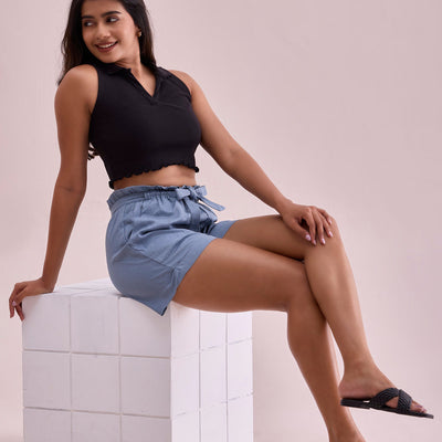 Women Solid Dusty Blue High Rise Linen Shorts
