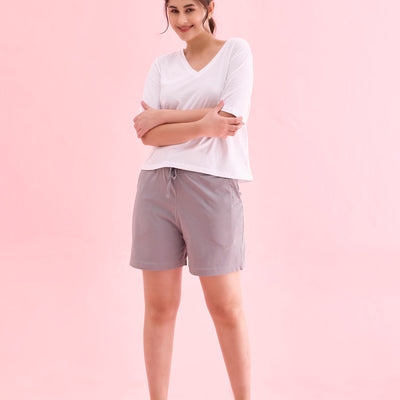 Women Solid Ebony Grey Mid Rise Casual Shorts