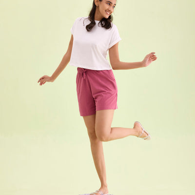 Women Solid Light Wine Mid Rise Casual Shorts