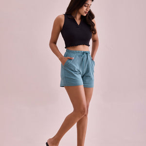 Women Solid Ocean Green Mid Rise Casual Shorts