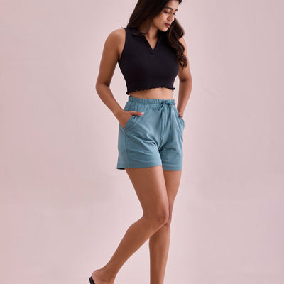 Women Solid Ocean Green Mid Rise Casual Shorts
