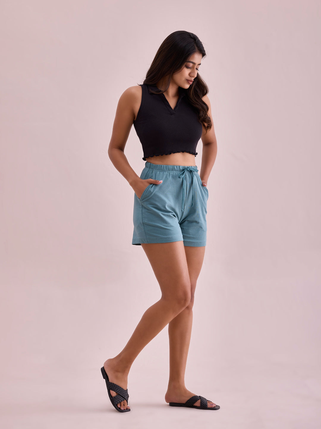 Women Solid Ocean Green Mid Rise Casual Shorts