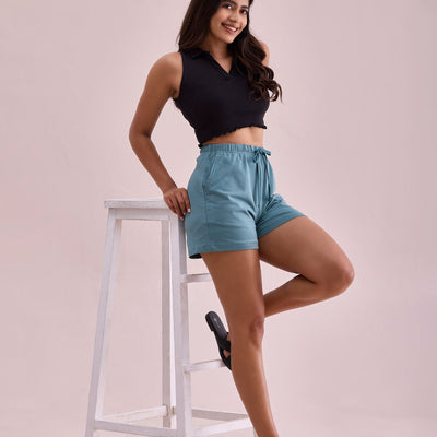 Women Solid Ocean Green Mid Rise Casual Shorts