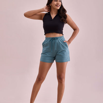 Women Solid Ocean Green Mid Rise Casual Shorts