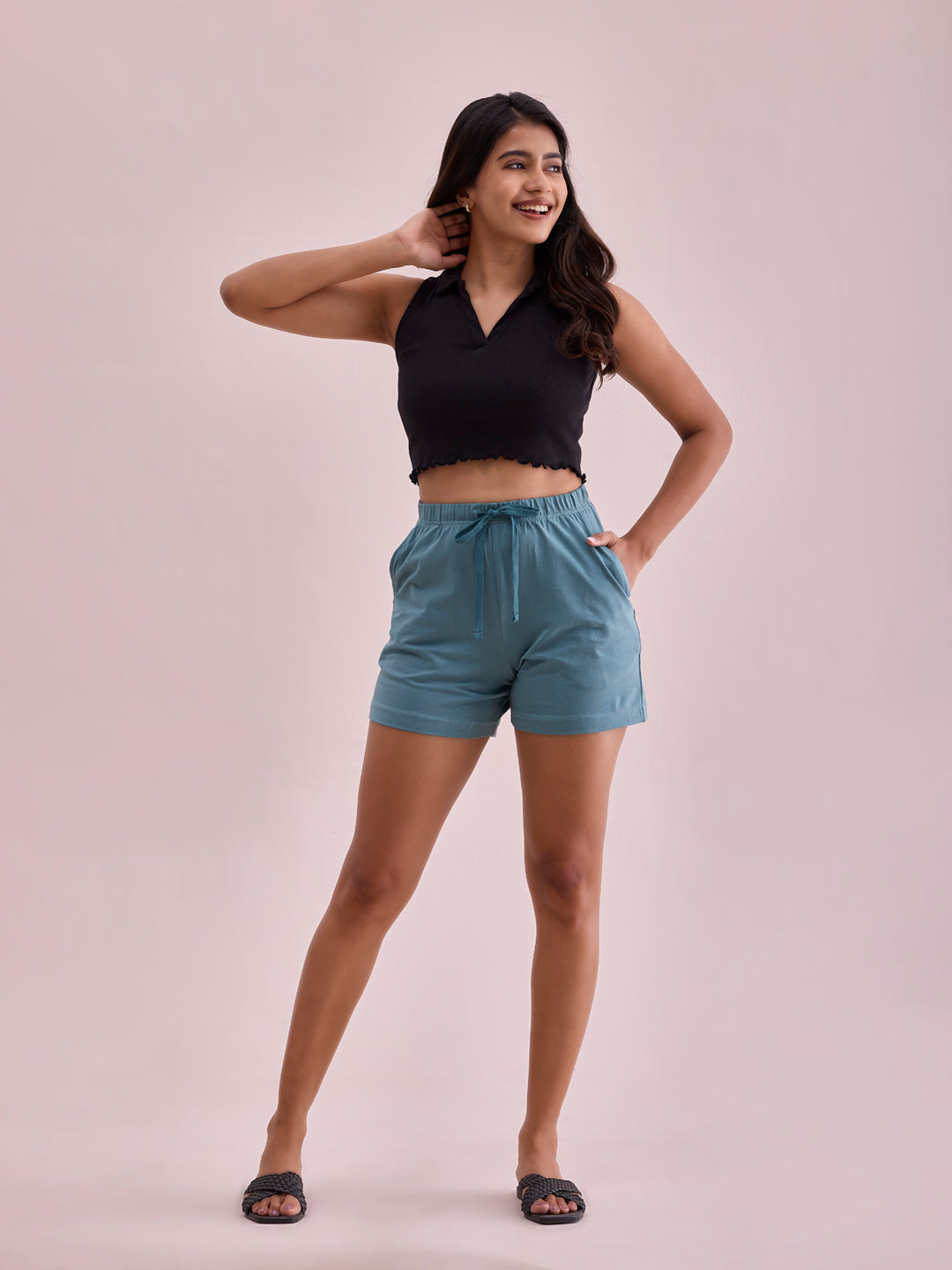 Women Solid Ocean Green Mid Rise Casual Shorts