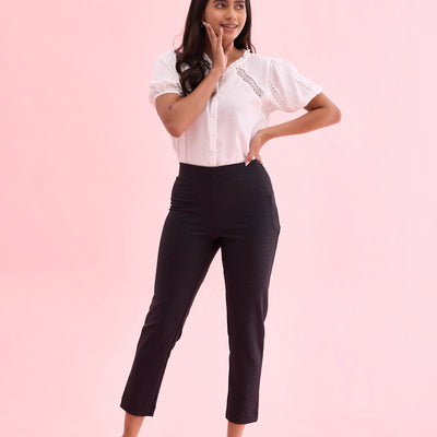 Women Printed Black Mid Rise Formal Pants