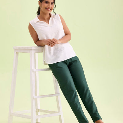 Women Bottle Green Solid Mid Rise Metallic Pants
