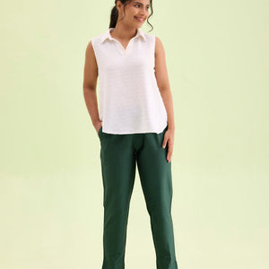 Women Bottle Green Solid Mid Rise Metallic Pants