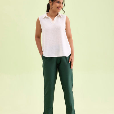 Women Bottle Green Solid Mid Rise Metallic Pants