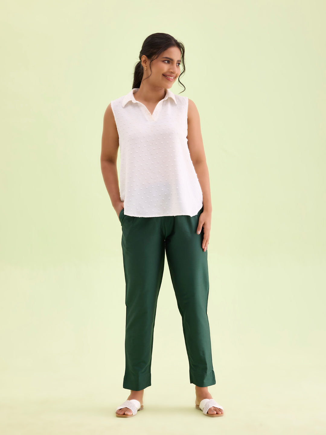 Women Bottle Green Solid Mid Rise Metallic Pants