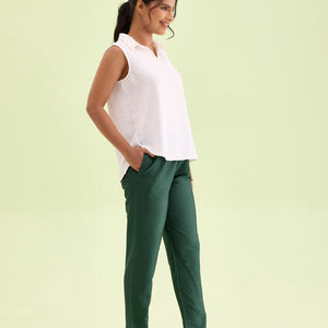 Women Bottle Green Solid Mid Rise Metallic Pants