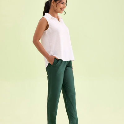 Women Bottle Green Solid Mid Rise Metallic Pants