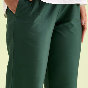 Women Bottle Green Solid Mid Rise Metallic Pants