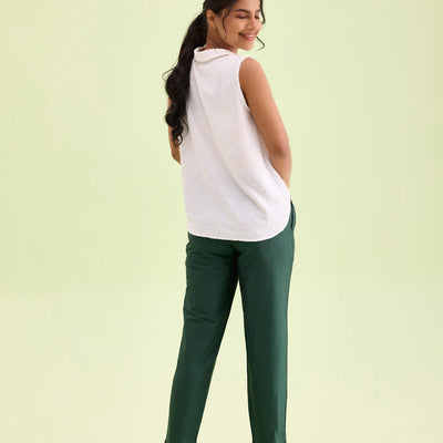 Women Bottle Green Solid Mid Rise Metallic Pants