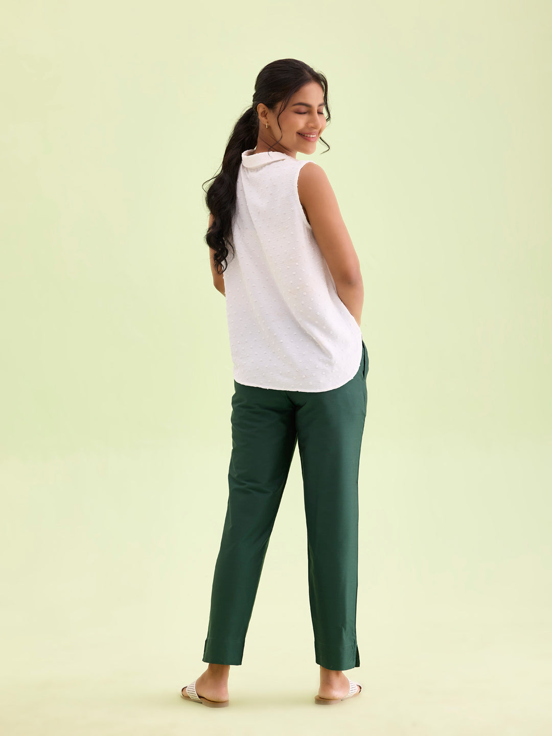 Women Bottle Green Solid Mid Rise Metallic Pants