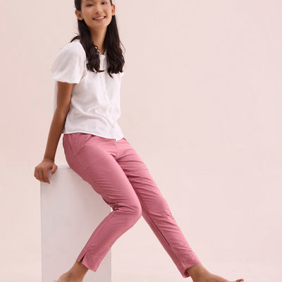 Women Dusty Rose Solid Mid Rise Metallic Pants