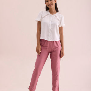 Women Dusty Rose Solid Mid Rise Metallic Pants