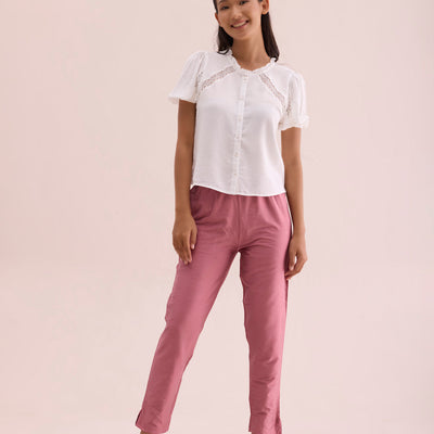 Women Dusty Rose Solid Mid Rise Metallic Pants
