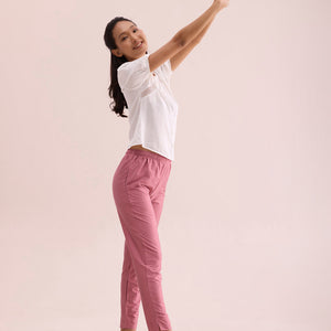 Women Dusty Rose Solid Mid Rise Metallic Pants