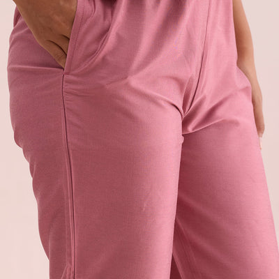 Women Dusty Rose Solid Mid Rise Metallic Pants