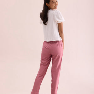 Women Dusty Rose Solid Mid Rise Metallic Pants