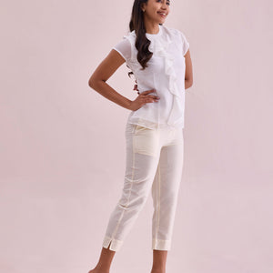 Women Solid Cream Mid Rise Cropped Metallic Pants