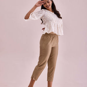 Women Solid Gold Mid Rise Cropped Metallic Pants