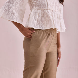 Women Solid Gold Mid Rise Cropped Metallic Pants