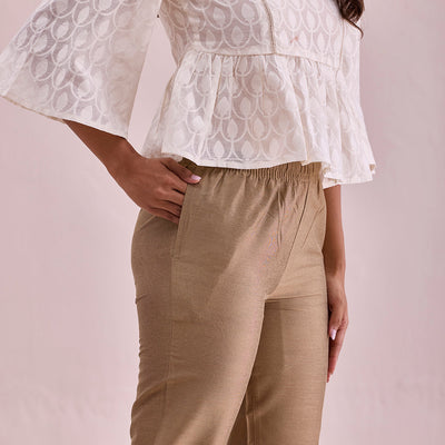 Women Solid Gold Mid Rise Cropped Metallic Pants