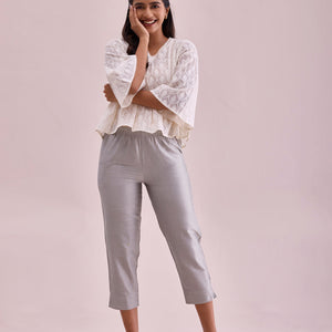 Women Solid Silver Mid Rise Cropped Metallic Pants